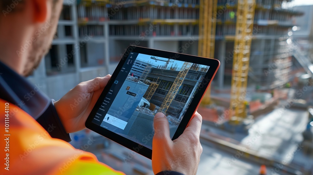 Construction manager using digital tablet and bim software on building ...