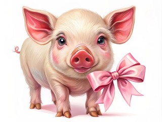 Adorable Little Pig with Bow, Cute Farm Animal, Playful Piglet, Charming Swine, Pink Pig with Ribbon, Sweet Pet