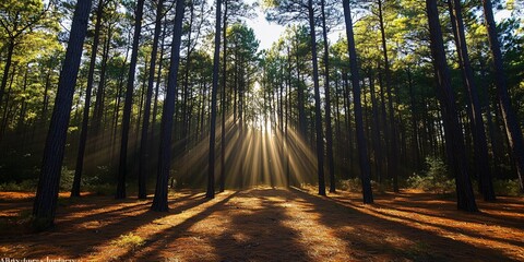 Wall Mural - sunbeams shining through trees in the woods, with light hitting the forest floor, and creating long 