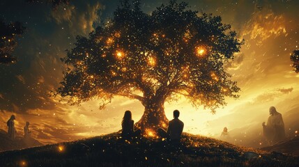 Poster - A mystical tree illuminated by glowing orbs, symbolizing connection and harmony in a dreamlike landscape.