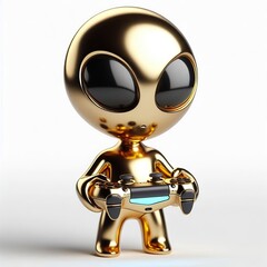 a cute and cool gold shinny metallic futuristic Alien character playing realistic 3d console video game