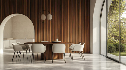 Wall Mural - Modern Minimalist Dining Area with Wooden Arched Entry and Neutral Decor 