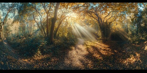 Wall Mural - sunbeams streaming through the trees in an autumn forest, illuminating a path covered in fallen leav