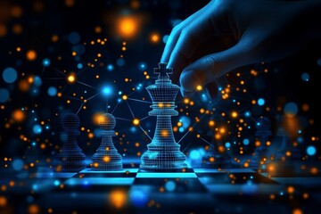 Poster - Strategic Business Planning. Hand Moving King Chess Piece, Network Connection, on Blue Background