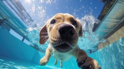 Poster - Funny underwater picture of puppies in swimming pool playing deep dive action training game with family pets and popular dog breeds during summer holidays. recreation, relax, generate by AI