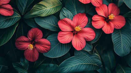 A close-up nature image of vibrant tropical flowers with detailed petals and a captivating background of lush greenery