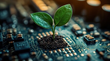 idea of digital evolution or technological growth represented by seedling sprouting from circuit board symbolizing the intersection of nature ,technology