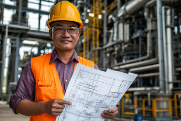 Asian worker power plant factory holding blueprint pointing check construction plan power plant.