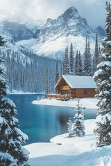 Canvas Print - Lake Cabin with Snowy Trees