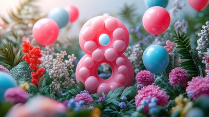 A festive arrangement featuring a pink balloon number 8 among flowers.