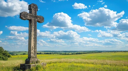 A serene landscape featuring a historic stone cross under a bright blue sky with fluffy clouds and expansive green fields.