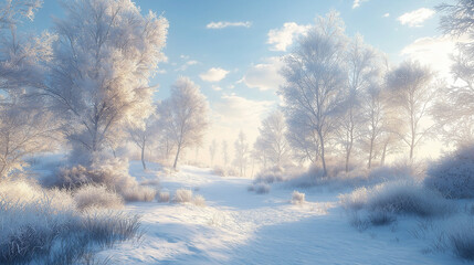 A serene nature scene of a snowy winter landscape, with crisp, clear details of frost-covered trees under a pale blue sky