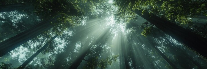 Wall Mural - sunlight beams through the dense canopy of a misty forest, illuminating the tall trees.