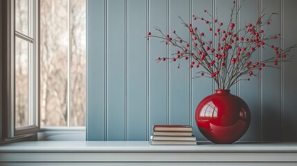 minimalist home decor with books ,red vase on white cabinet against striped wall