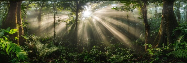 Wall Mural - sunlight rays pierce through the dense foliage of a lush tropical forest.