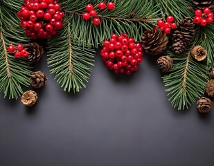 A festive holiday christmas frame decorated with pine branches, pine cones, and bright red berries