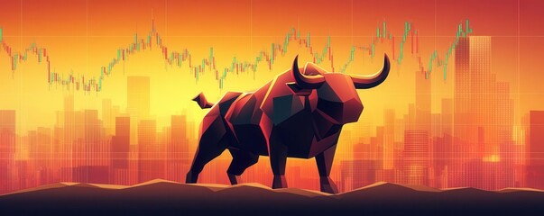 Wall Mural - Dynamic illustration of a bull symbolizing market growth against a vibrant city backdrop with financial charts.