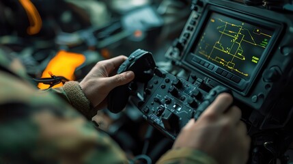 Poster - A soldier operates advanced communication equipment in a tactical setting, showcasing the complexity of modern military technology.