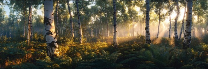 Wall Mural - sunlight streams through a birch forest, illuminating the ferns below.