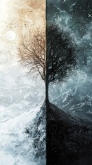 Poster - A striking depiction of a tree split between two contrasting environments: serene light and chaotic darkness.