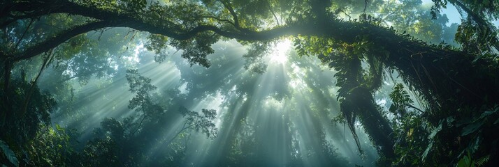 Wall Mural - sunlight streams through the canopy of a lush tropical rainforest.