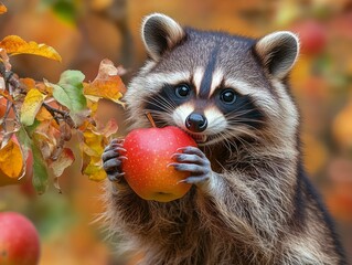 cute raccoon eating an apple in autumn