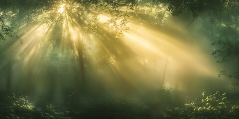 Wall Mural - sunlight streams through the trees in a foggy forest, creating a magical and ethereal atmosphere.