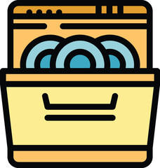 Poster - open dishwasher containing clean plates after a washing cycle, ready to be unloaded