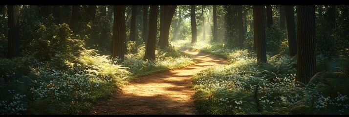 Wall Mural - sunlit path winding through a lush green forest with blooming wildflowers.