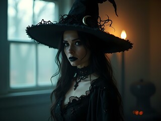 portrait of a witch, close-up photo of a beautiful lady dressed in black wearing gothic style clothes, halloween night wallpaper, halloween magic background