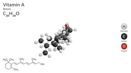 Molecule of Vitamin A. Retinol (C20H30O) is a fat-soluble vitamin essential for vision, immune function, and cell growth. White back. 3D render. Seamless loop