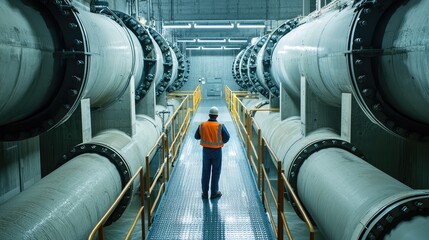 Poster - A worker observes large industrial pipes in a modern facility, showcasing machinery and infrastructure in a professional environment.