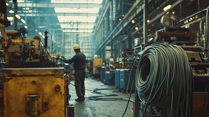 Poster - A worker operates machinery inside a spacious industrial factory filled with equipment and raw materials, highlighting a productive environment.
