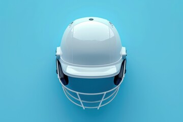 White cricket helmet on a blue background showcasing protective sports gear used for playing cricket