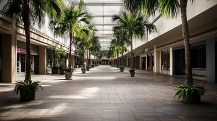 Wall Mural - An empty shopping mall with palm trees 