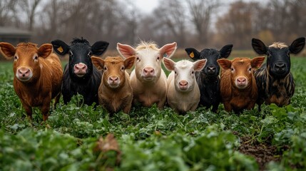 Cows gathered in a lush green field during a cloudy day at a rural farm in autumn