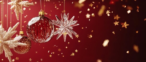 Wall Mural - christmas new year background with decorative ornament hanging on a ribbon and gold glitter confetti