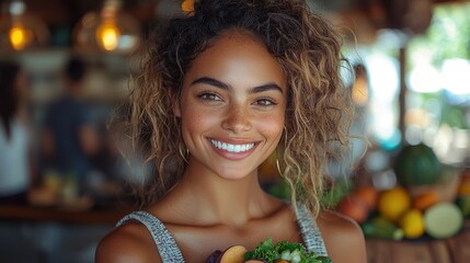 A woman with curly hair smiles while holding a large bowl of fresh vegetables in a vibrant market during daylight hours