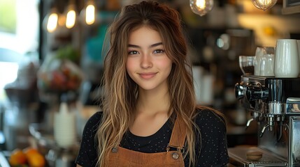 Wall Mural - beautiful female barista working in coffee shop sitting on counter university student working part time in cafe