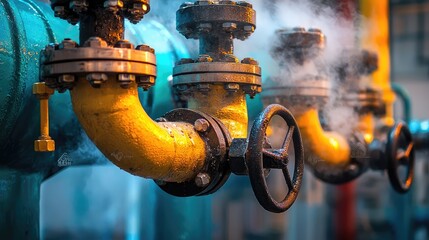 Poster - Close-up view of industrial pipes and valves with steam, showcasing the intricate details of machinery and maintenance.
