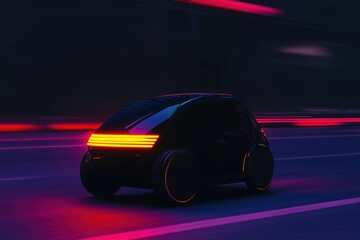 Poster - Electric self driving car travels on a highway at night, leaving colorful light trails. This image symbolizes the future of technology and transportation