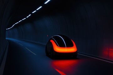 Poster - Sleek autonomous car speeds through a lit tunnel, showcasing future transportation. Modern lights illuminate the path, hinting at innovative automotive design and sustainable mobility