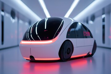 Futuristic self driving car in a neon lit tunnel represents the cutting edge of urban transportation technology