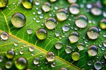 Poster - Water droplets on green leaf showcasing nature beauty