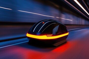 Poster - Futuristic, autonomous vehicle zooming through a nighttime tunnel, bathed in vibrant orange lights, previews the future of transportation