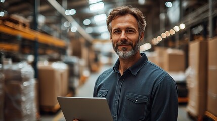 Wall Mural - portrait of project manager standing in modern industrial factory holding laptop manufacturing facility with robotics robotic arms ,automation storing products ,materials in warehouse