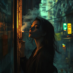 Canvas Print - a lady smoking a ciggarette behind a building