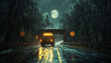 Sticker - a rainy highway road in the woods, with light burned out on light poles