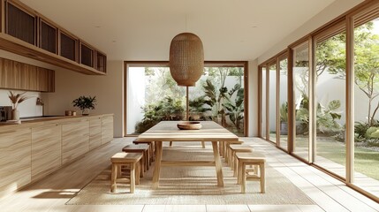 Creative dining area with natural materials and a minimalistic design. The warm and cozy feeling is enhanced by clean, organized space and beautiful decor.