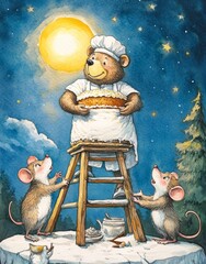 Canvas Print - bear wearing an apron and chef's hat is baking the cake with  two mice, watercolor art